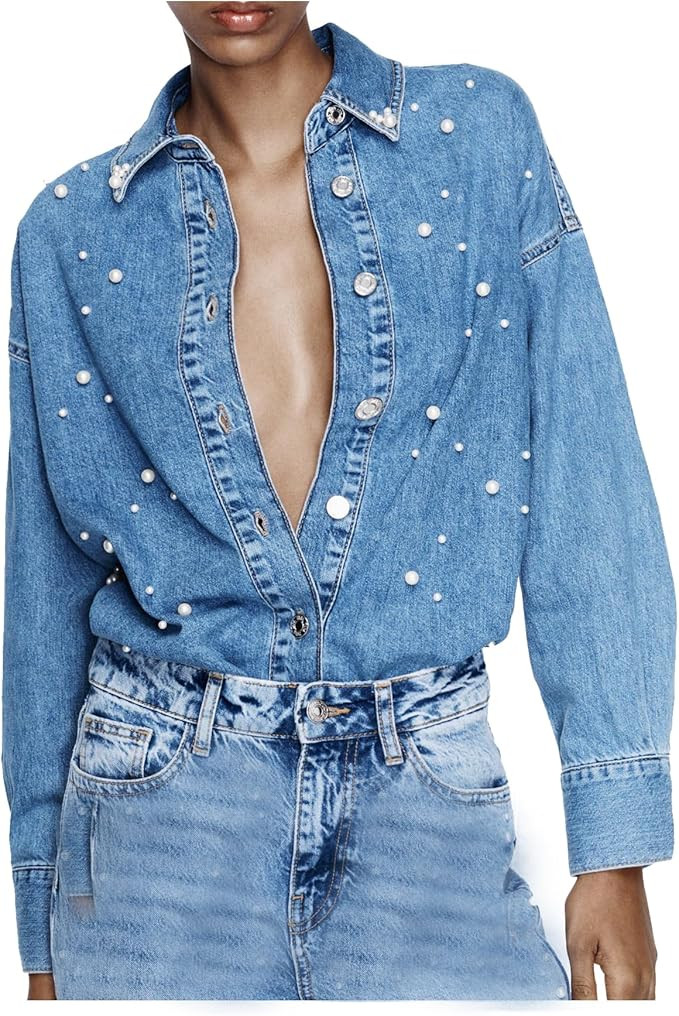 Women's Oversized Denim Shirt Button Down Pearls Jean Jacket Long Sleeve Rhinestone Shacket Casua... | Amazon (US)