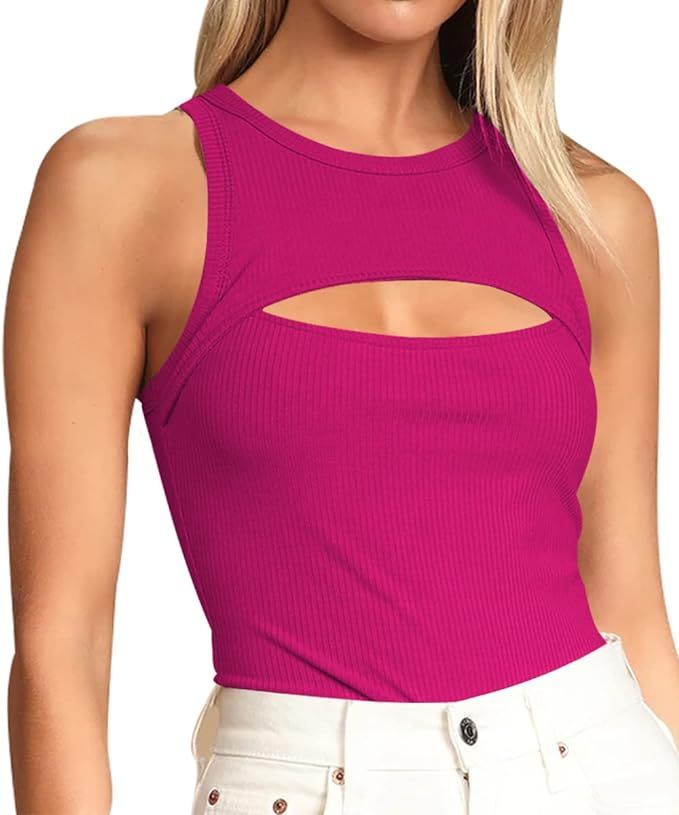 Machico Women's Sexy Cut Out Sleeveless Crew Neck Racer Back Ribbed Thong Bodysuit Tank Tops | Amazon (US)