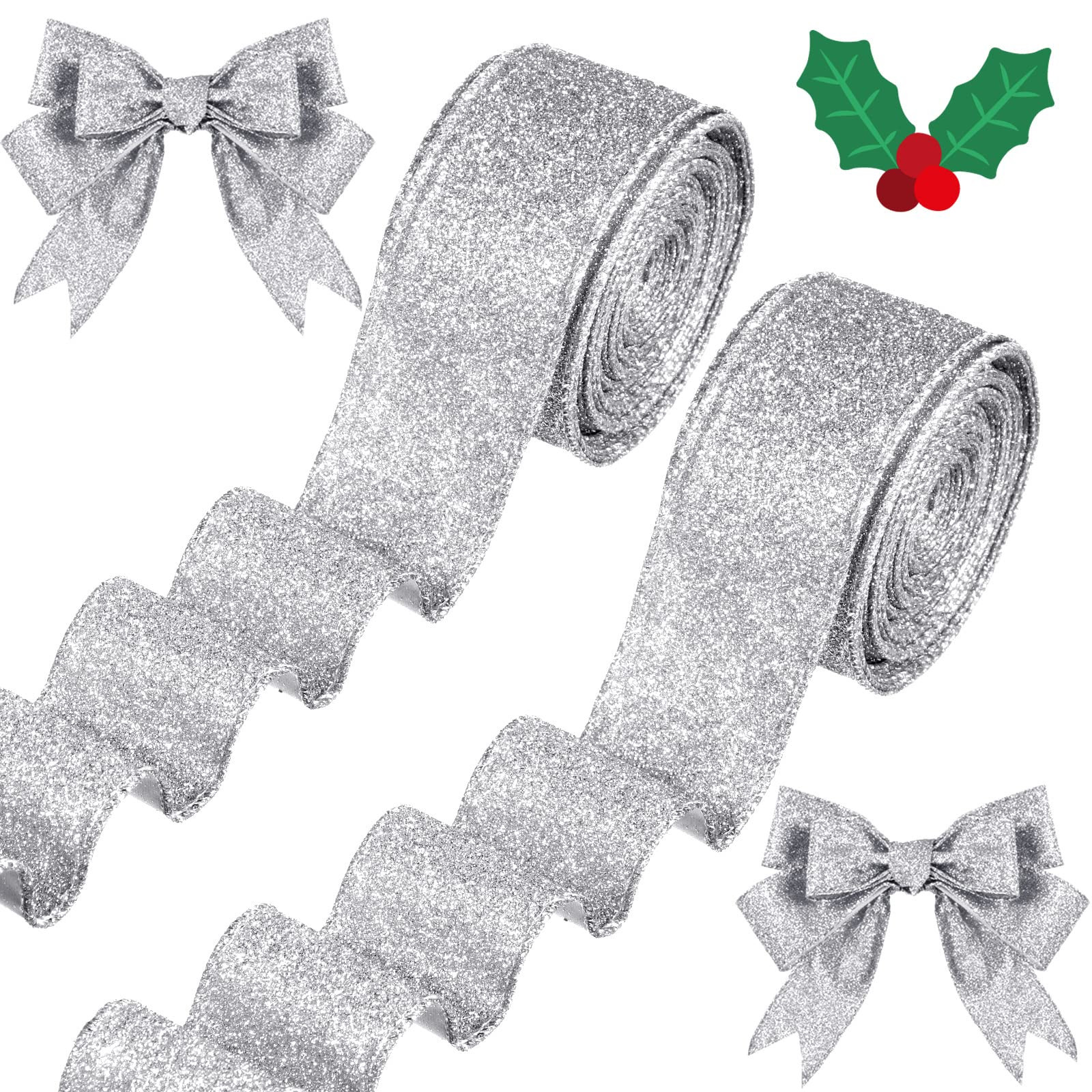 Christmas Wired Ribbon - 2 Roll 20 Yards Glitter Tree Ribbon, Thick Metallic Gift Wrapping for Wr... | Amazon (US)