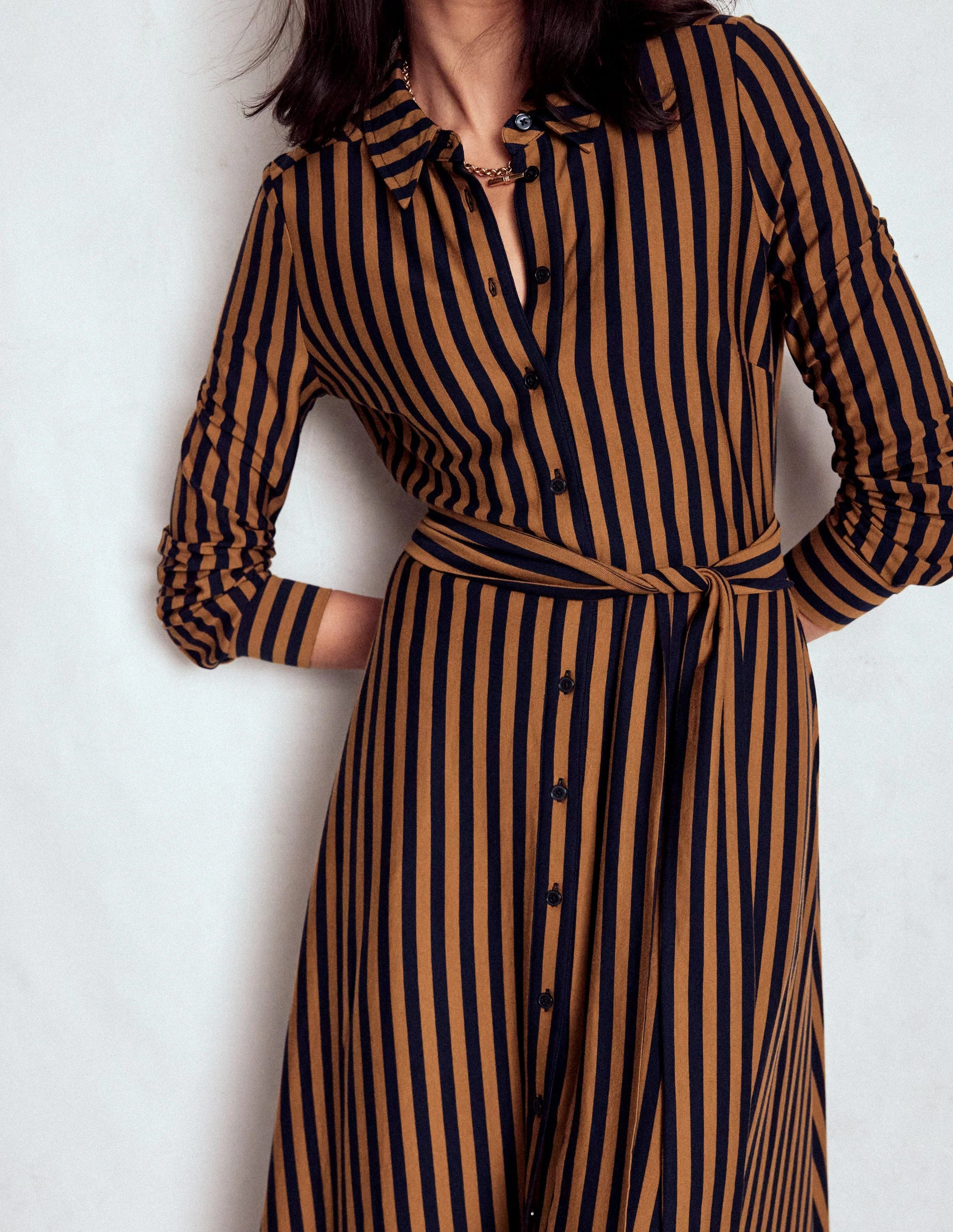 Marcia Jersey Shirt Dress-Gingerbread, Navy Stripe | Boden (US)