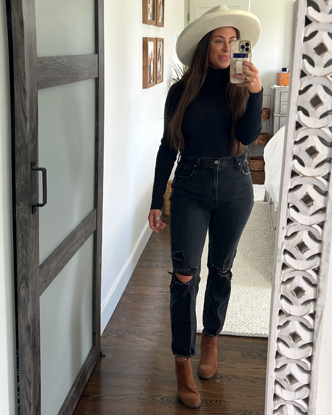 LTK sale Abercrombie black ribbed turtleneck, Abercrombie black ripped mom high rise jeans, Gigi pip felt ivory hat

#LTKstyletip #LTKSale #LTKunder100