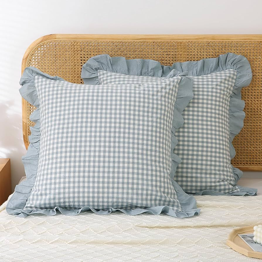 Mywinlle Blue White Plaid Euro Pillow Shams 2 Pack Ruffle Pillowcases,Shabby French Country Check... | Amazon (US)