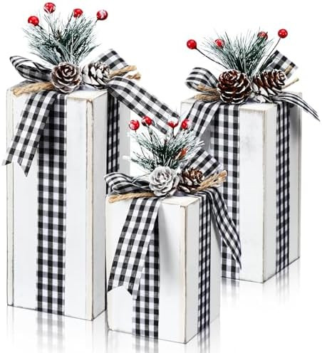 Amyhill 3 Pcs Christmas Wooden Gifts Box Decor Christmas Plaid Presents Table Centerpieces Rustic... | Amazon (US)