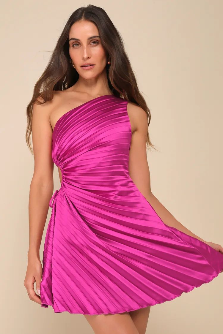 Constantly Poised Magenta Satin Pleated One-Shoulder Mini Dress | Lulus