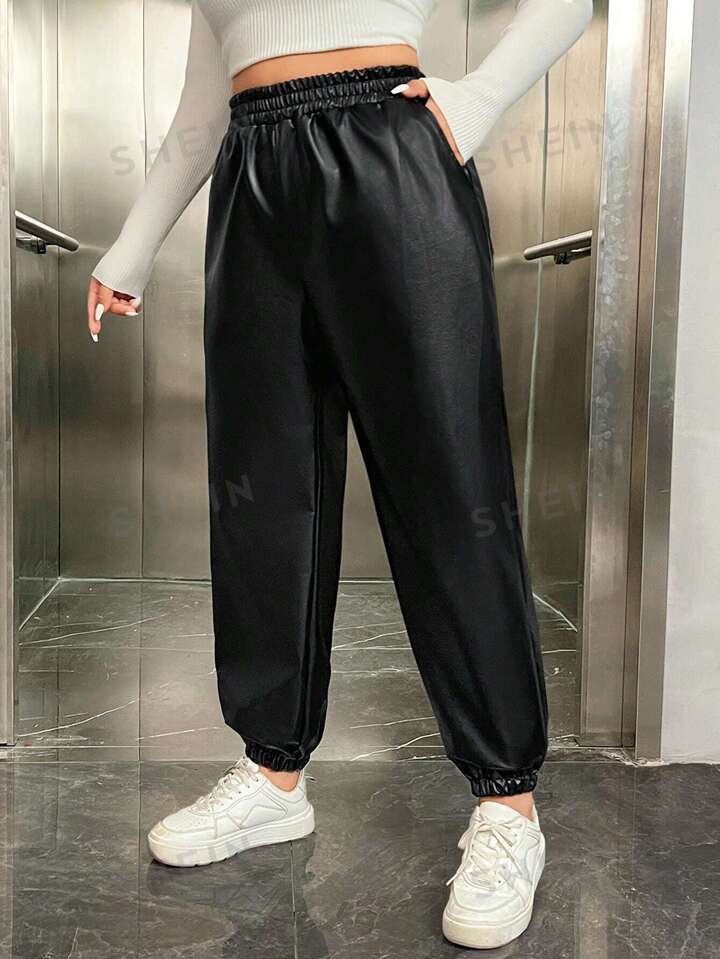 SHEIN EZwear Plus Elastic Waist PU Leather Pants | SHEIN