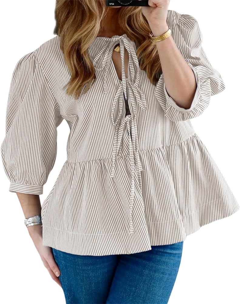 Puff Short Sleeve Babydoll Peplum Tops for Women Y2k Tie Front Ruffle Hem Blouse Cute Retro Vinta... | Amazon (US)