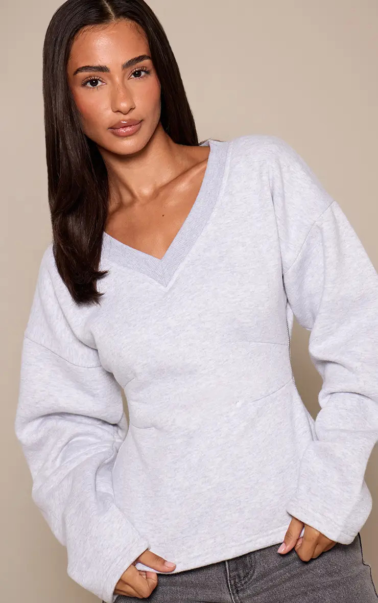 Petite Ash Grey V Neck Cinched Waist Sweatshirt | PrettyLittleThing US