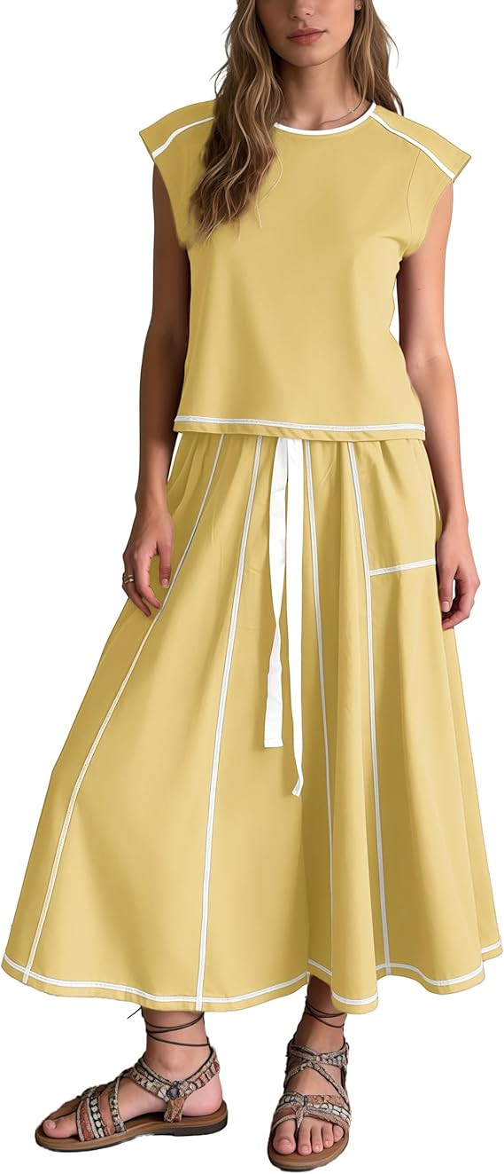 Womens 2 Piece Skirt Set Crewneck Cap Sleeve Top Midi Skirt Summer Vacation Lounge Matching Set | Amazon (US)