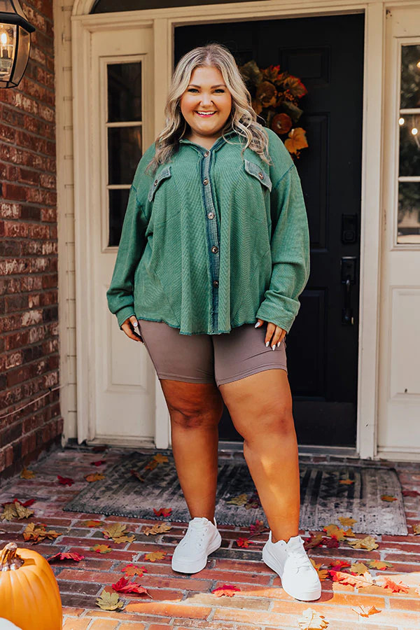 Campfire Stories Waffle Knit Button Up in Green Curves | Impressions Online Boutique