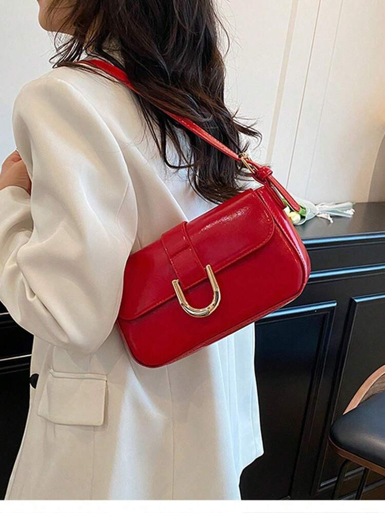 Patent Leather Messenger Bag For Women New Retro Horseshoe Buckle Handbag Shoulder Bag Fashionable Simple Underarm Bag | SHEIN
