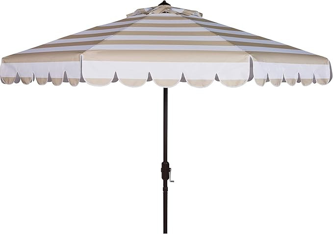 SAFAVIEH 9ft Outdoor Patio Umbrella, Round, Maui Collection, Beige & White Stripe, Crank, Button ... | Amazon (US)