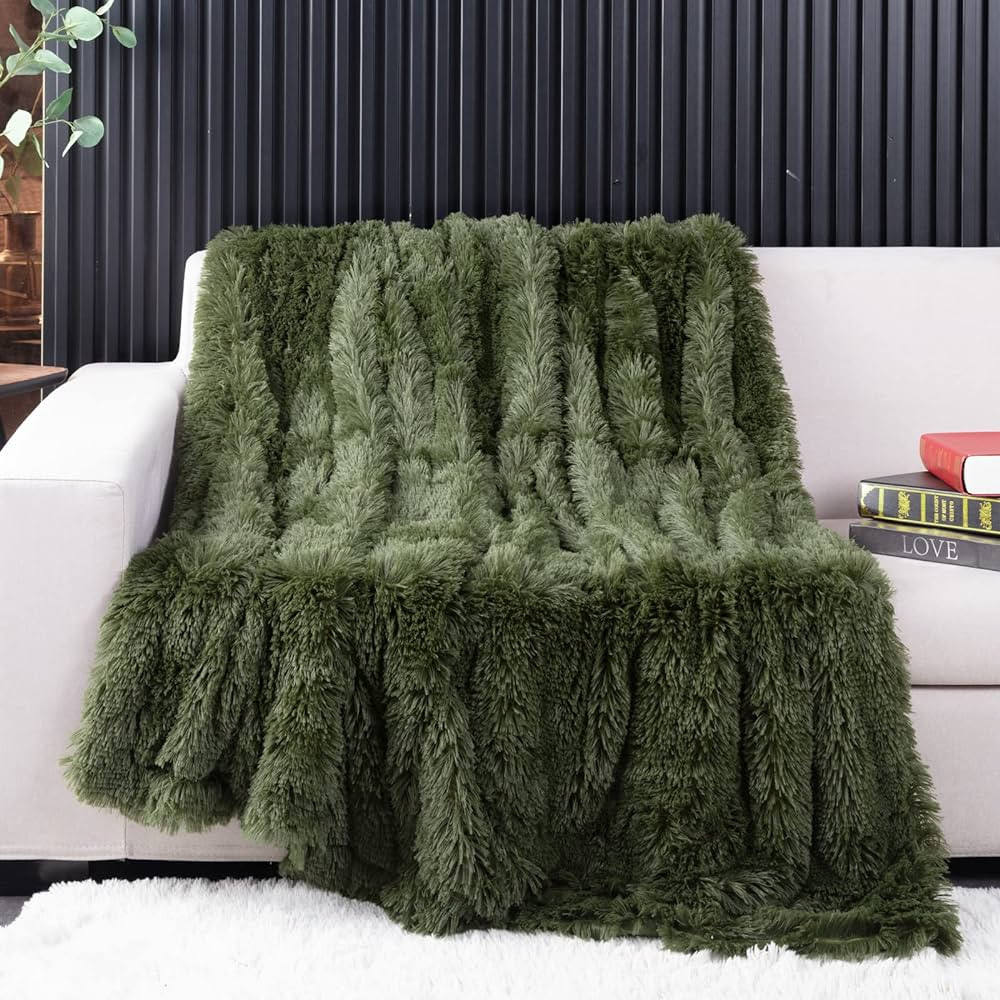 YUSOKI Olive Green Faux Fur Throw Blanket,2 Layers,50" x 60" Cozy Plush Fluffy Blanket Furry Fuzz... | Amazon (US)