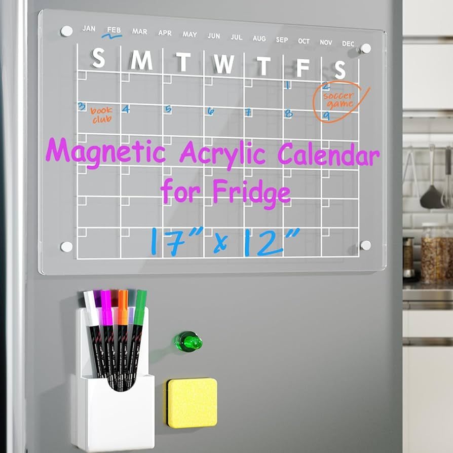 Magnetic Acrylic Calendar for Fridge 17"x12" Clear Dry Erase Calendar Board for Refrigerator Incl... | Amazon (US)