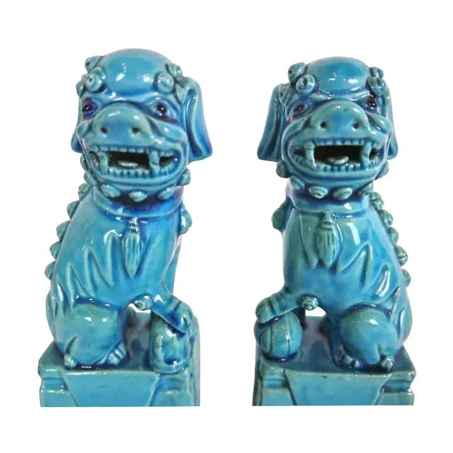 Vintage 1960s Turquoise Blue Ceramic Foo Dogs - A Pair | Chairish