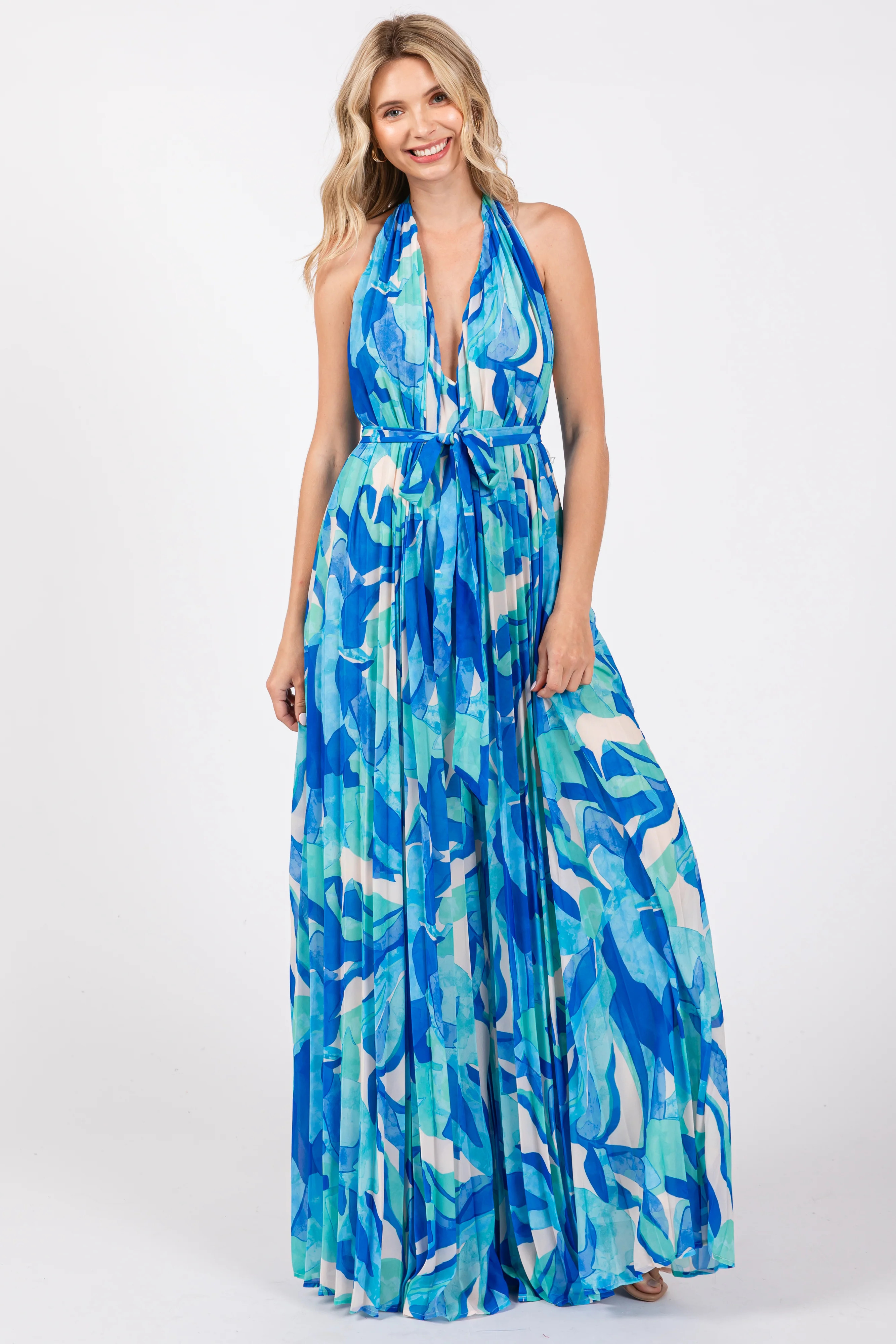 Blue Printed Halter Neck Wide Leg Jumpsuit - Small | PinkBlush Maternity