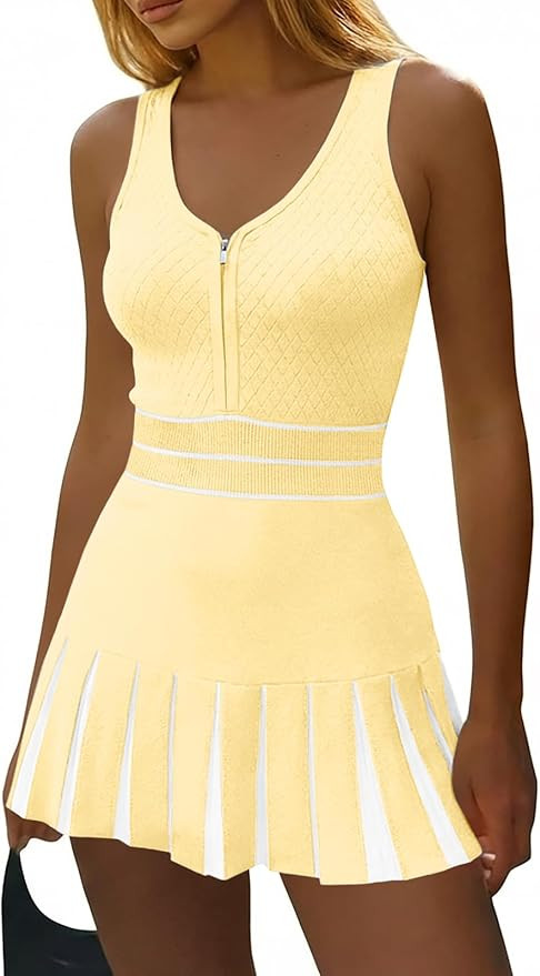 Fisoew Womens Tennis Mini Dress Summer Sleeveless Half Zipper Elastic Waist Athletic Workout Knit... | Amazon (US)