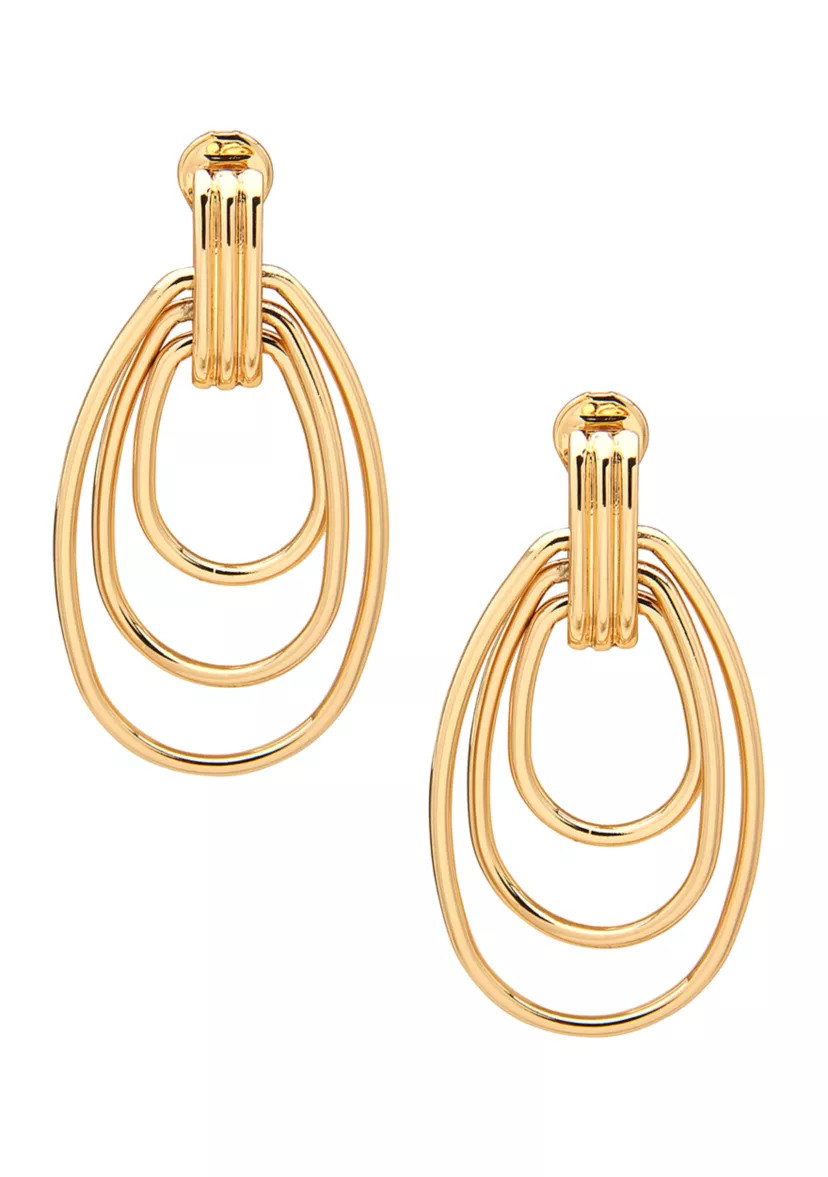Gold Tone Three Row Drop Hoop Earrings | Belk
