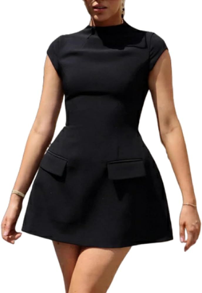 Women Cap Sleeve Mini Dress Mock Neck A Line Sun Dress High Waist Slim Fit Flare Short Dress Part... | Amazon (US)