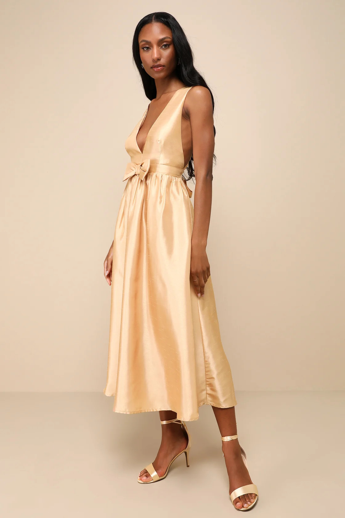 Elegant Destiny Gold Sleeveless Bow Midi Dress | Lulus