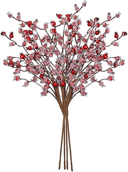 Amazon.com: 4 Pack Artificial Red Berry Picks - 17 Inch Christmas Frost Red Berries Spray Branche... | Amazon (US)