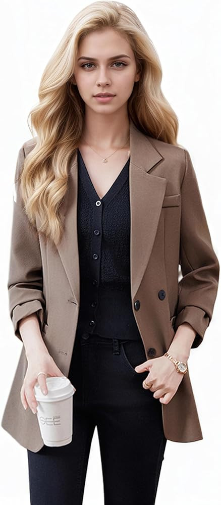 Women‘s 2025 Summer Casual Thin Blazer Long Sleeves Lapel Double Row of Buttons Business Office... | Amazon (US)