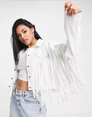 Missguided crop western trucker jacket with fringe detail in white faux leather | ASOS (Global)