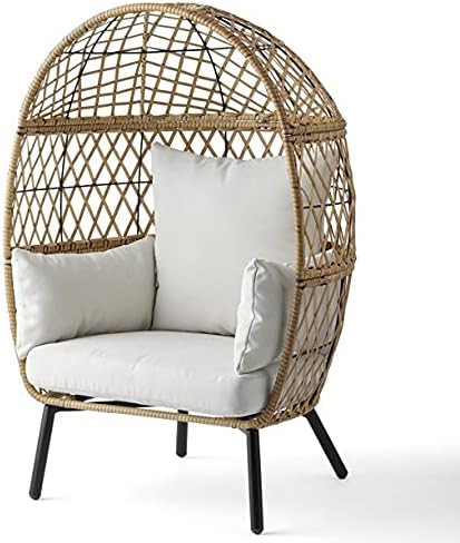 Outdoor Hanging Wicker Stationary Egg Chair with Cream Cushions | Amazon (US)