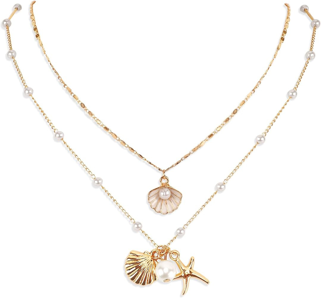 2pcs Shell Necklaces, Shiny Charming Beach Jewelry for Women Adjustable Multi-Layer Seashell Neck... | Amazon (US)