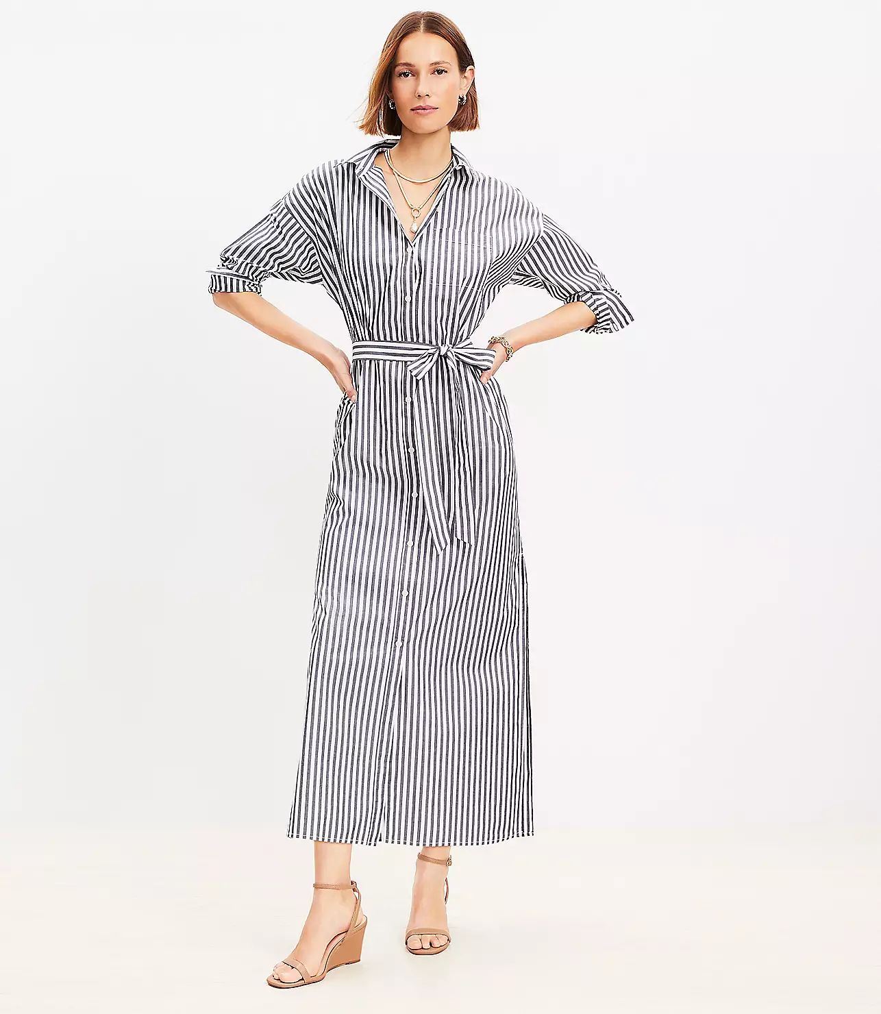 Striped Poplin Belted Pocket Shirtdress | LOFT