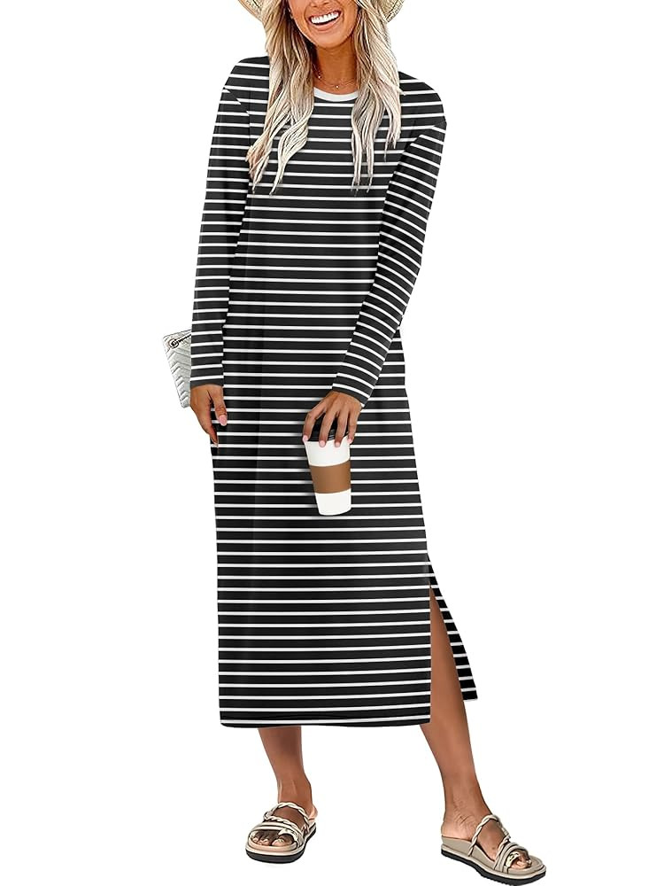 ANRABESS Long Sleeve Midi Dresses for Women Fall Fashion Casual Vacation Crewneck Loose Split Str... | Amazon (US)