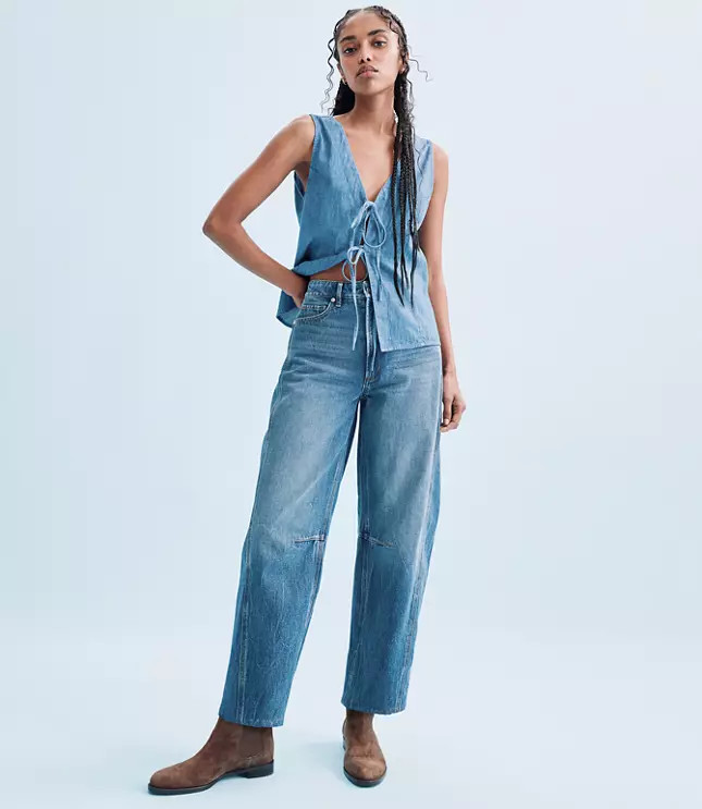 Rivete Seamed High Rise Barrel Jeans in Dark Wash | LOFT