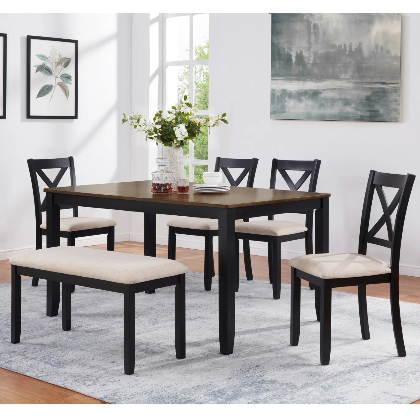 Streamdale 6-Piece Dining Table Set with Bench, Classic Wooden Dining Table for 6, Farmhouse Style, Black & Oak | Shop Simon