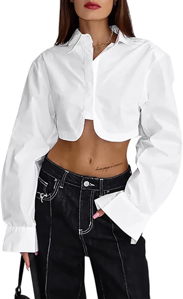 Remidoo Women's Casual Striped Cropped Button Down Shirt Long Sleeve Crop Top | Amazon (US)