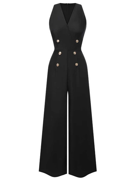 Black 1950s Sleeveless Buttoned Solid Jumpsuit | Retro Stage