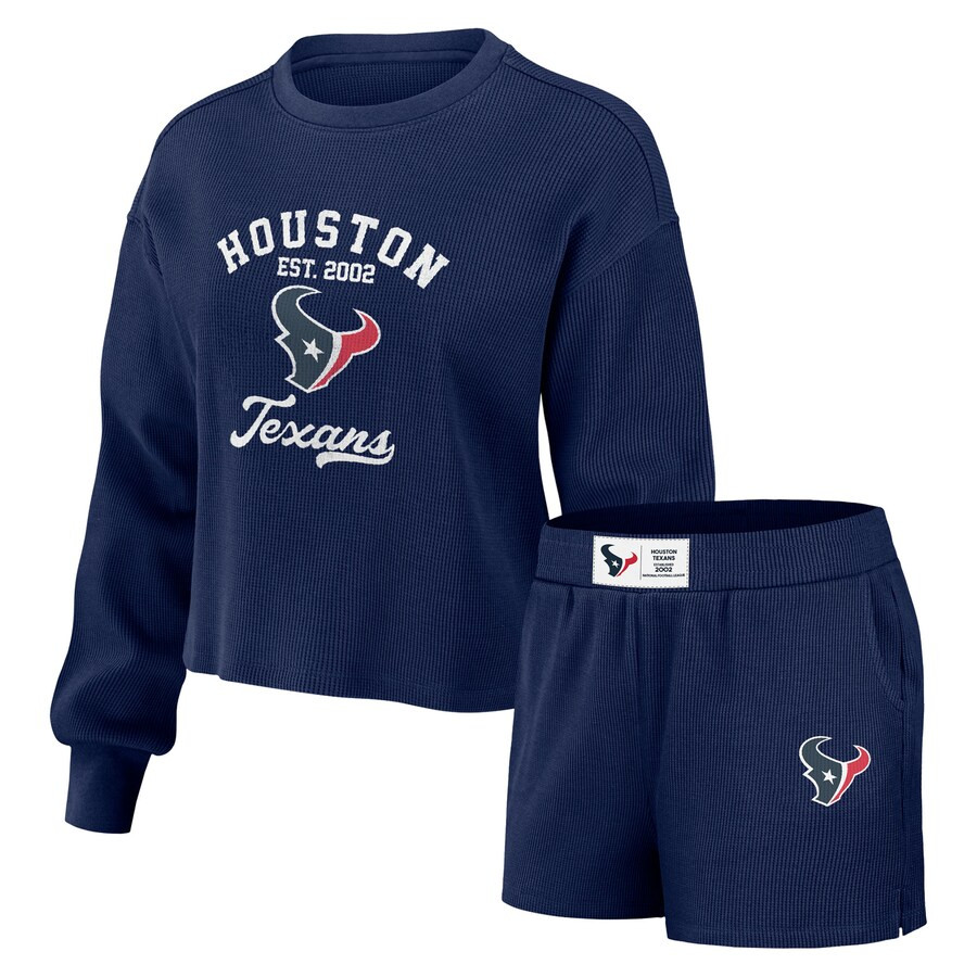 Houston Texans WEAR by Erin Andrews Women's Waffle Knit Long Sleeve T-Shirt & Shorts Lounge Set -... | Fanatics