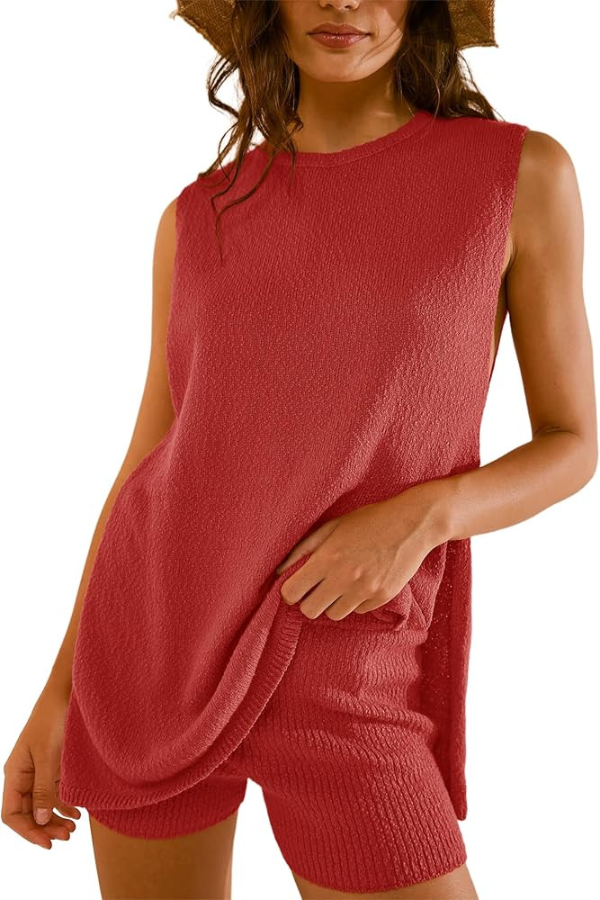 Womens Summer Knit Lounge Sets 2 Piece Sweater Sets Tank Top and Shorts Matching Beach Vacation O... | Amazon (US)