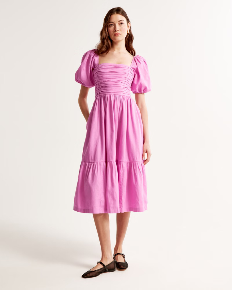 Emerson Linen-Blend Puff Sleeve Midi Dress | Abercrombie & Fitch (US)
