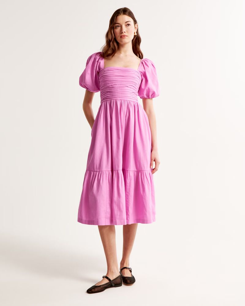 Women's Emerson Linen-Blend Puff Sleeve Midi Dress | Women's New Arrivals | Abercrombie.com | Abercrombie & Fitch (UK)
