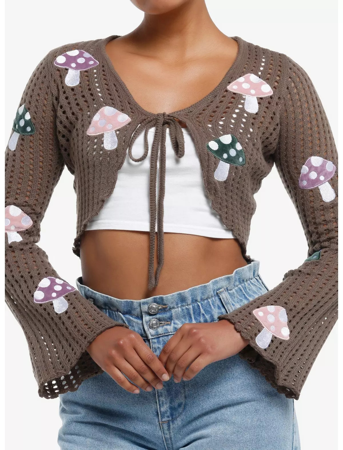 Thorn & Fable Mushrooms Tie-Front Girls Crop Cardigan | Hot Topic