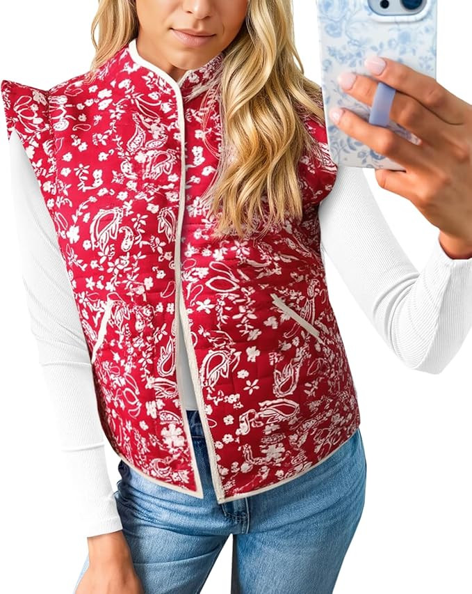 Tankaneo Womens Puffer Vest Ruffle Sleeveless Floral Printed Cropped Quilted Vest Lightweight Pad... | Amazon (US)