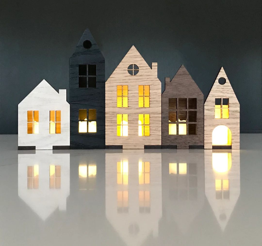 Scandi House Decor Set - Wooden LED Candle holder / Scandinavian / Hygge / Village / Tea light - ... | Etsy (CAD)