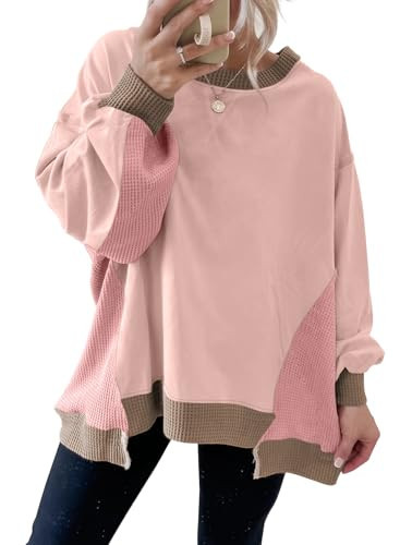 SHEWIN Womens Sweatshirt Crew Neck Waffle Knit Tops for Women Lightweight Womens Fall Tops Long Sleeve Pullover Oversized Sweatshirt for Women,(US 4-6) S,Light Pink | Amazon (US)