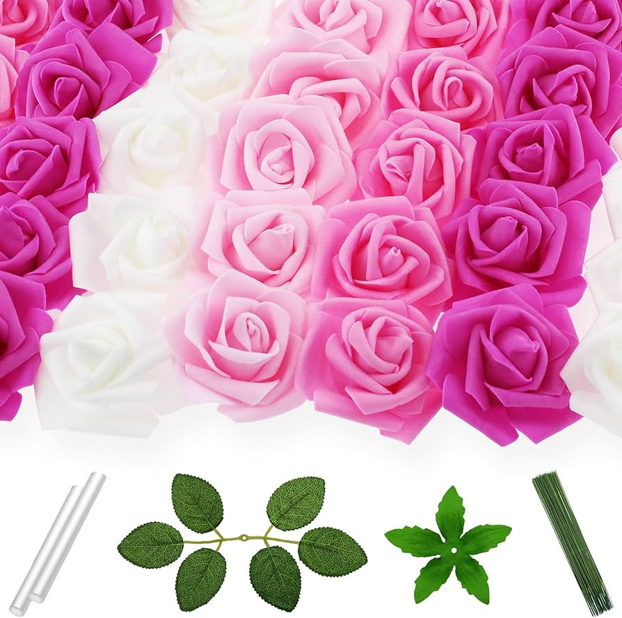 Vignor 100 Pcs 3 Inch Artificial Flowers Bulk 5 in 1 Set Faux Foam Fake Rose Head Wedding Decorat... | Amazon (US)