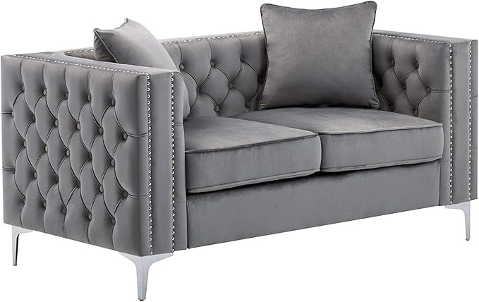 Lilola Home Lorreto Gray Velvet Loveseat, Nailhead Trim, Button Tufted with Chrome Metal Legs | Amazon (US)