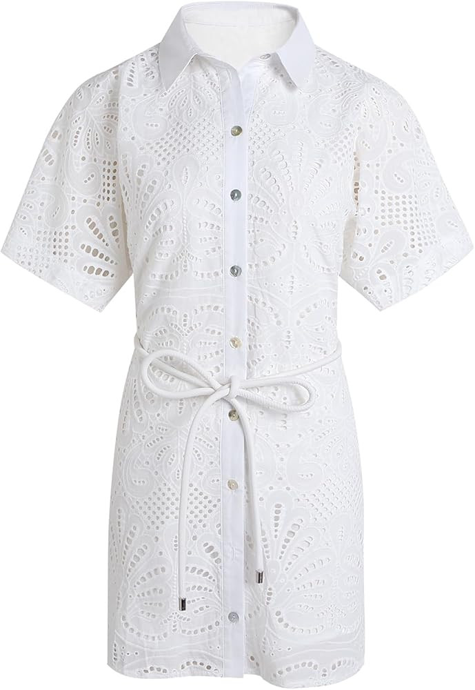 Women's Eyelet Lace Button Shirt Dress Loose Long Sleeve Casual Mini Dresses | Amazon (US)