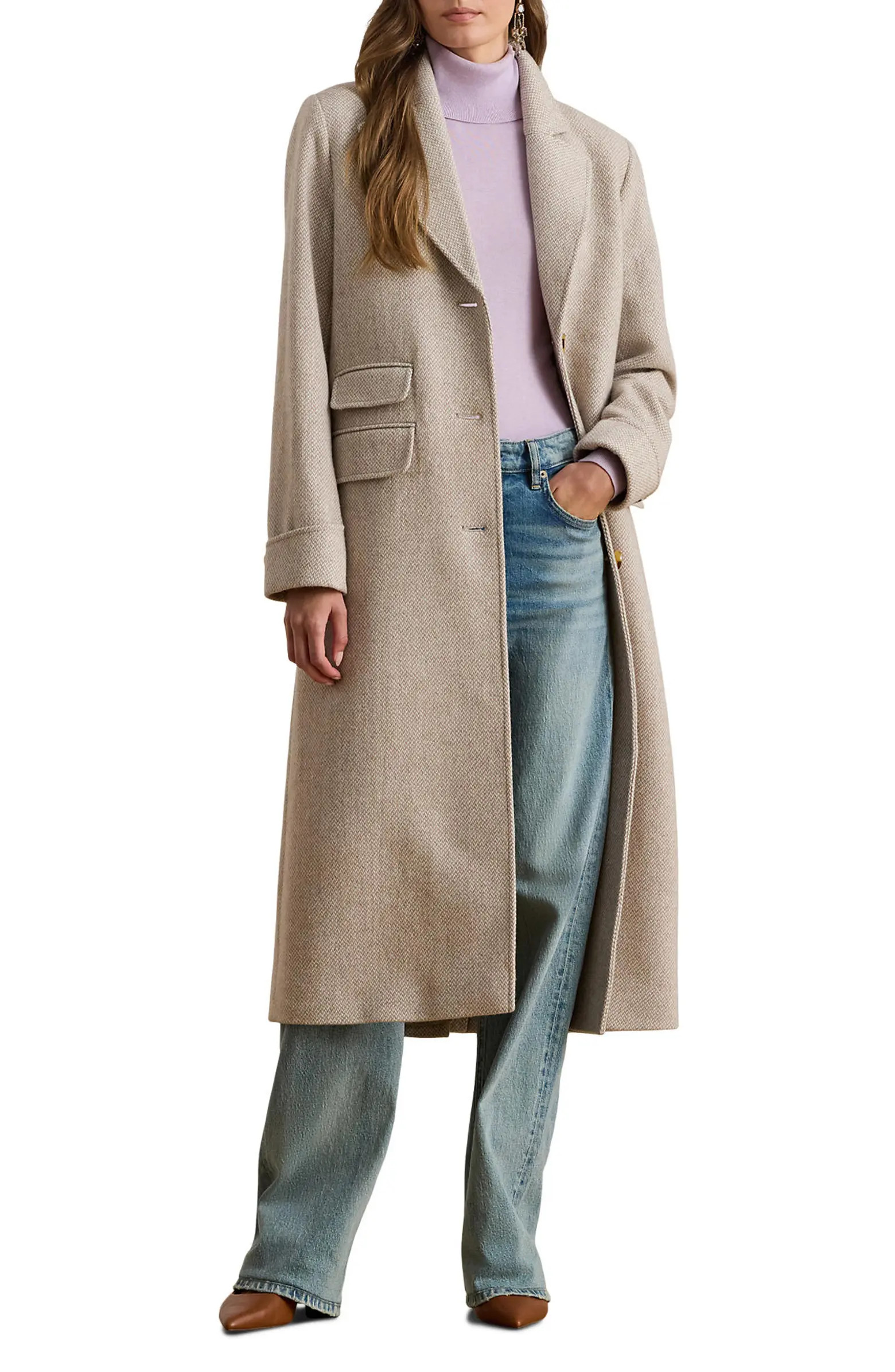 Longline Herringbone Wool Blend Reefer Coat | Nordstrom