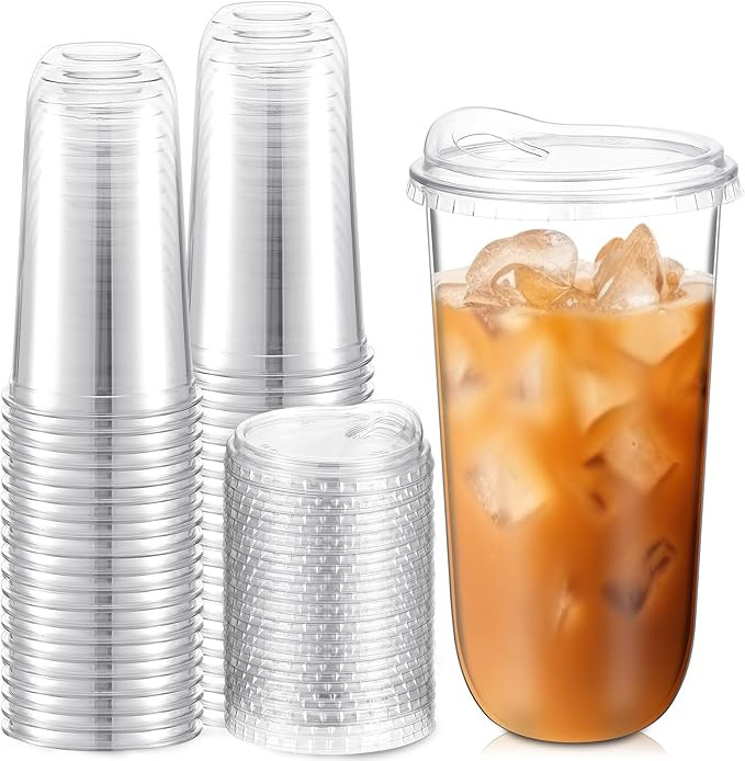 Baderke Clear Plastic Cups with Strawless Sip Lids Disposable Round Bottom Togo Cups for Coffee S... | Amazon (US)
