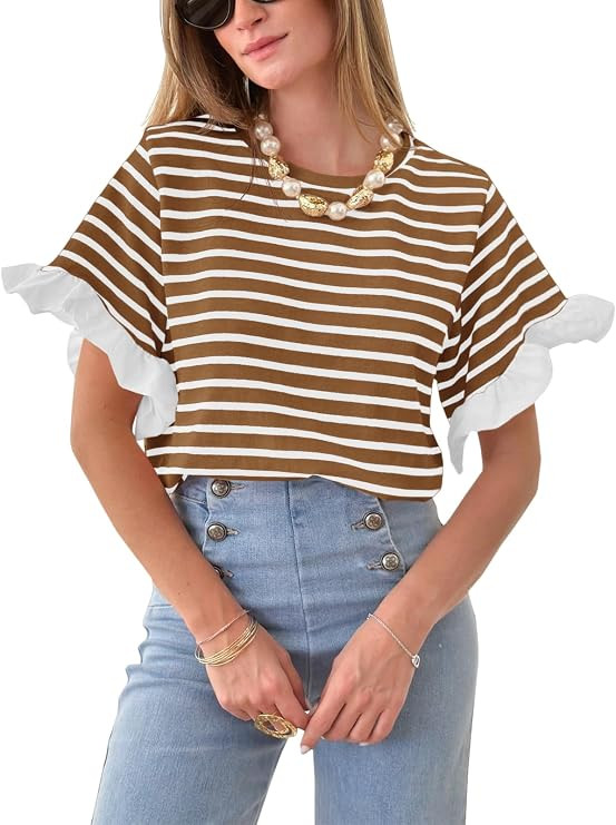 Tankaneo Women Striped Tops Ruffle Sleeve Casual Basic T Shirts Crewneck Short Sleeve Shirt Summe... | Amazon (US)