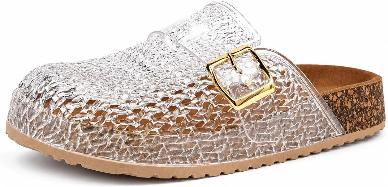 Women's Jelly Mules Clogs Slip On Clear Closed Toe Hollow Jelly Slides Flats Shoes with Adjustabl... | Amazon (US)