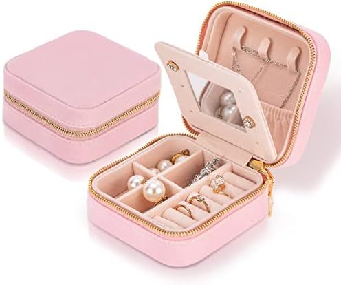 Travel Velvet Jewelry Box with Mirror, Mini Gifts Case for Women Girls, Small Portable Organizer Box | Amazon (US)